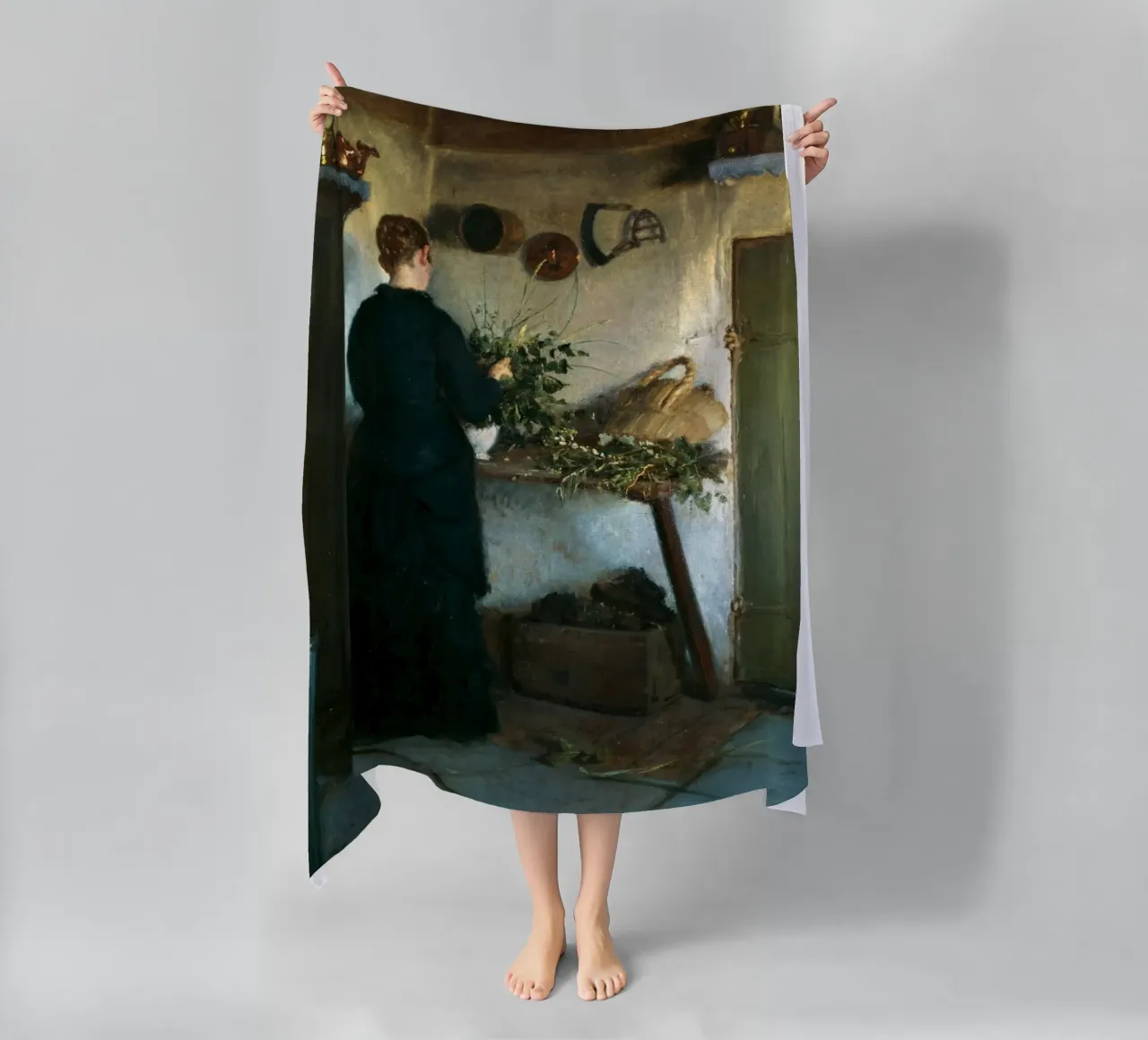 Donna in cucina rustica del XIX secolo - Pittura di genere telo mare da ClubArt