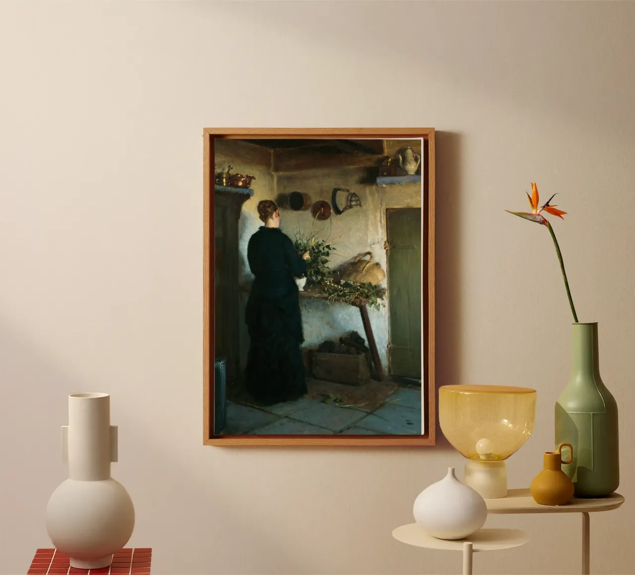 Donna in cucina rustica del XIX secolo - Pittura di genere tela con Cornice a cassetta da ClubArt
