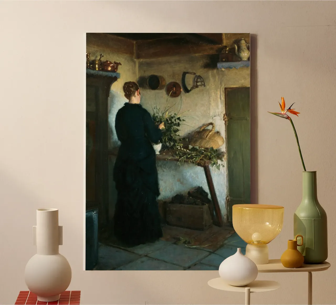Donna in cucina rustica del XIX secolo - Pittura di genere tela con Cornice a cassetta da ClubArt