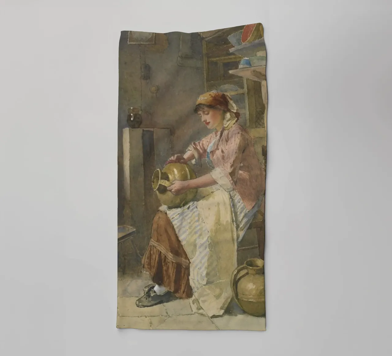 19e-eeuwse vrouw met aardewerk - rustieke keukenscène badhanddoek van ClubArt