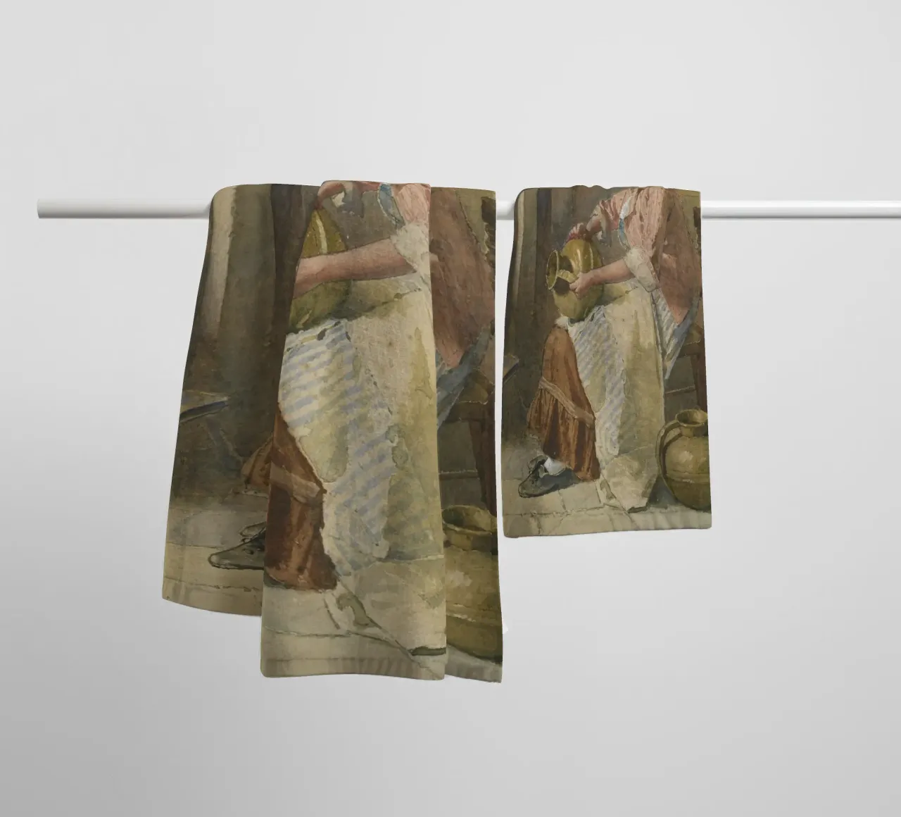 19e-eeuwse vrouw met aardewerk - rustieke keukenscène badhanddoek van ClubArt