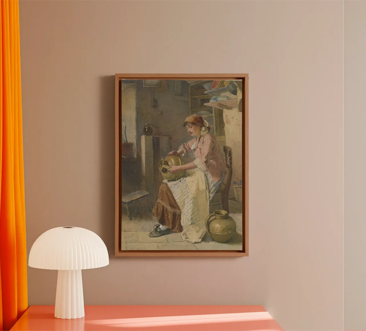19e-eeuwse vrouw met aardewerk - rustieke keukenscène canvas van ClubArt