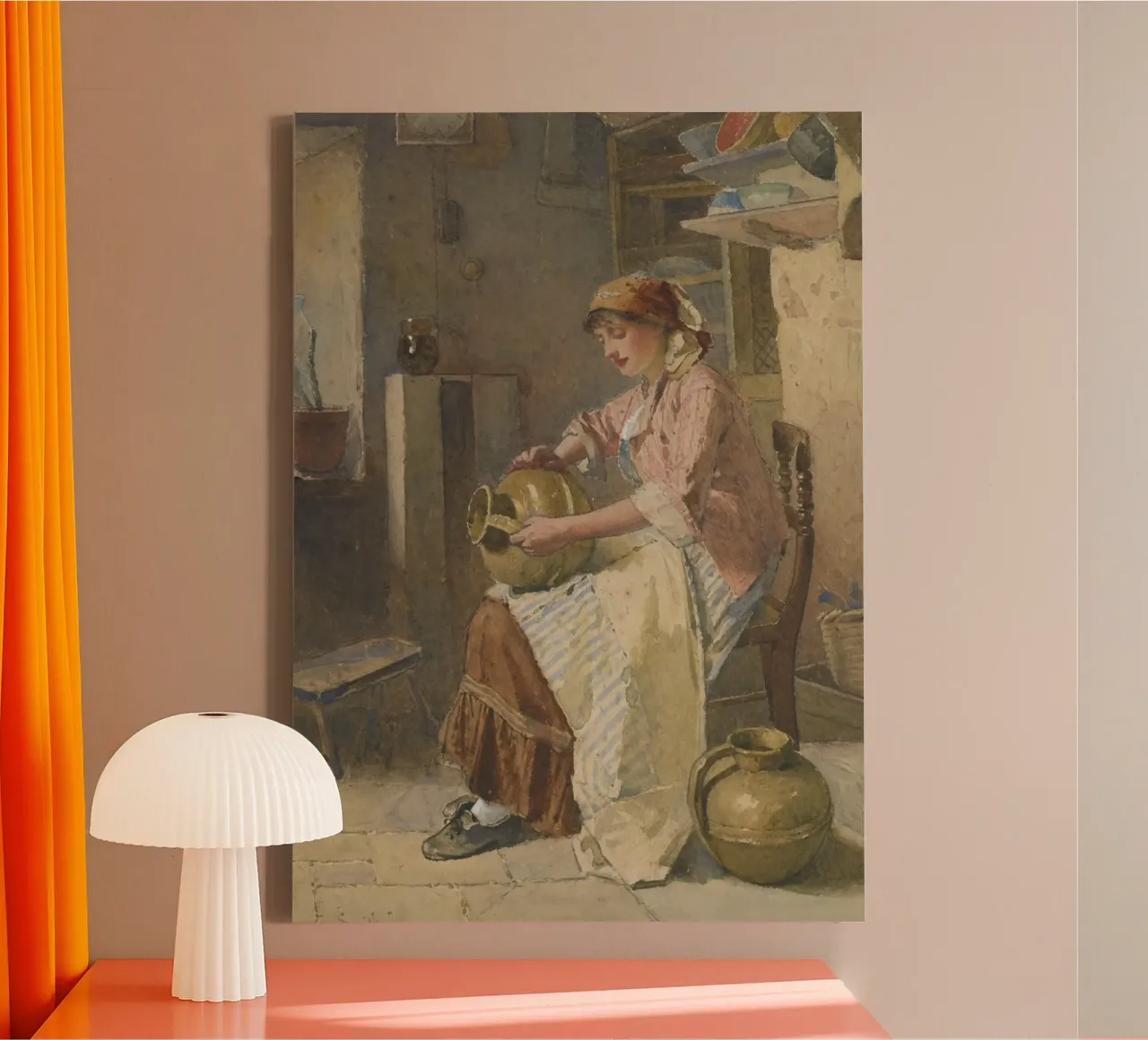 19e-eeuwse vrouw met aardewerk - rustieke keukenscène canvas van ClubArt