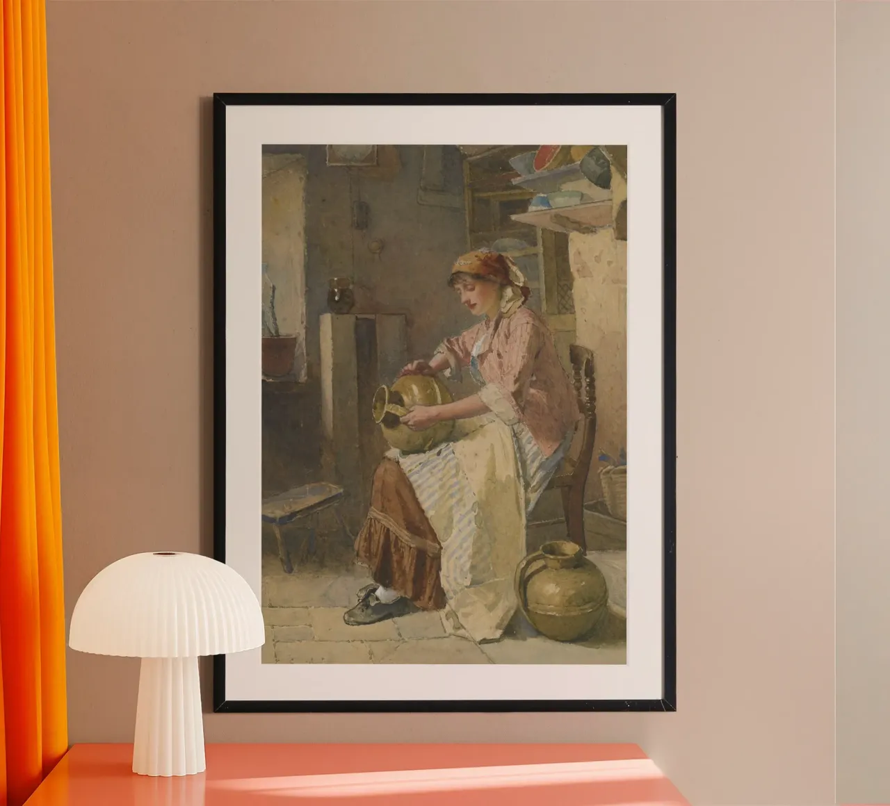 19e-eeuwse vrouw met aardewerk - rustieke keukenscène poster met houten frame van ClubArt