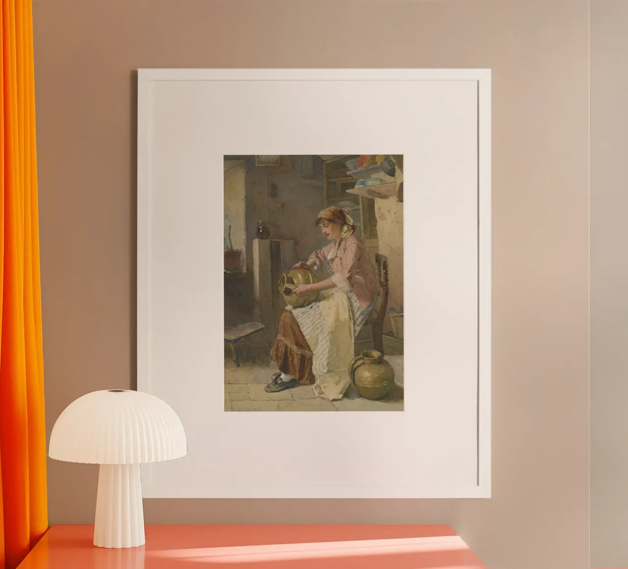 19e-eeuwse vrouw met aardewerk - rustieke keukenscène poster met houten frame van ClubArt