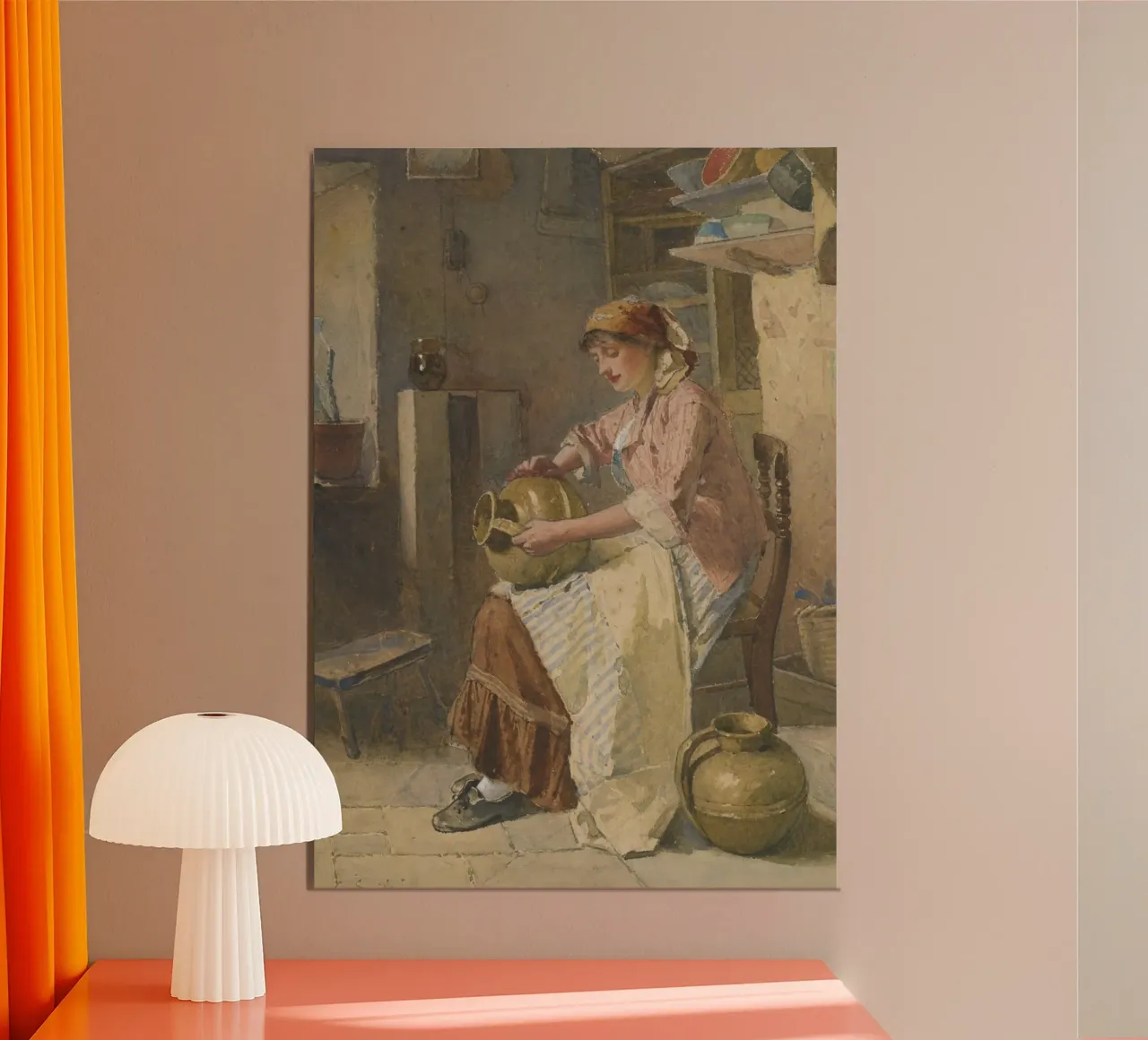 19e-eeuwse vrouw met aardewerk - rustieke keukenscène poster met houten frame van ClubArt