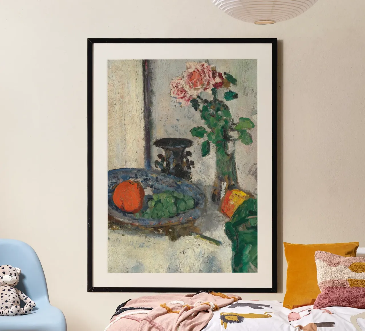 Natura morta post-impressionista - Pittura di rose e frutta poster con telaio in alluminio da ClubArt