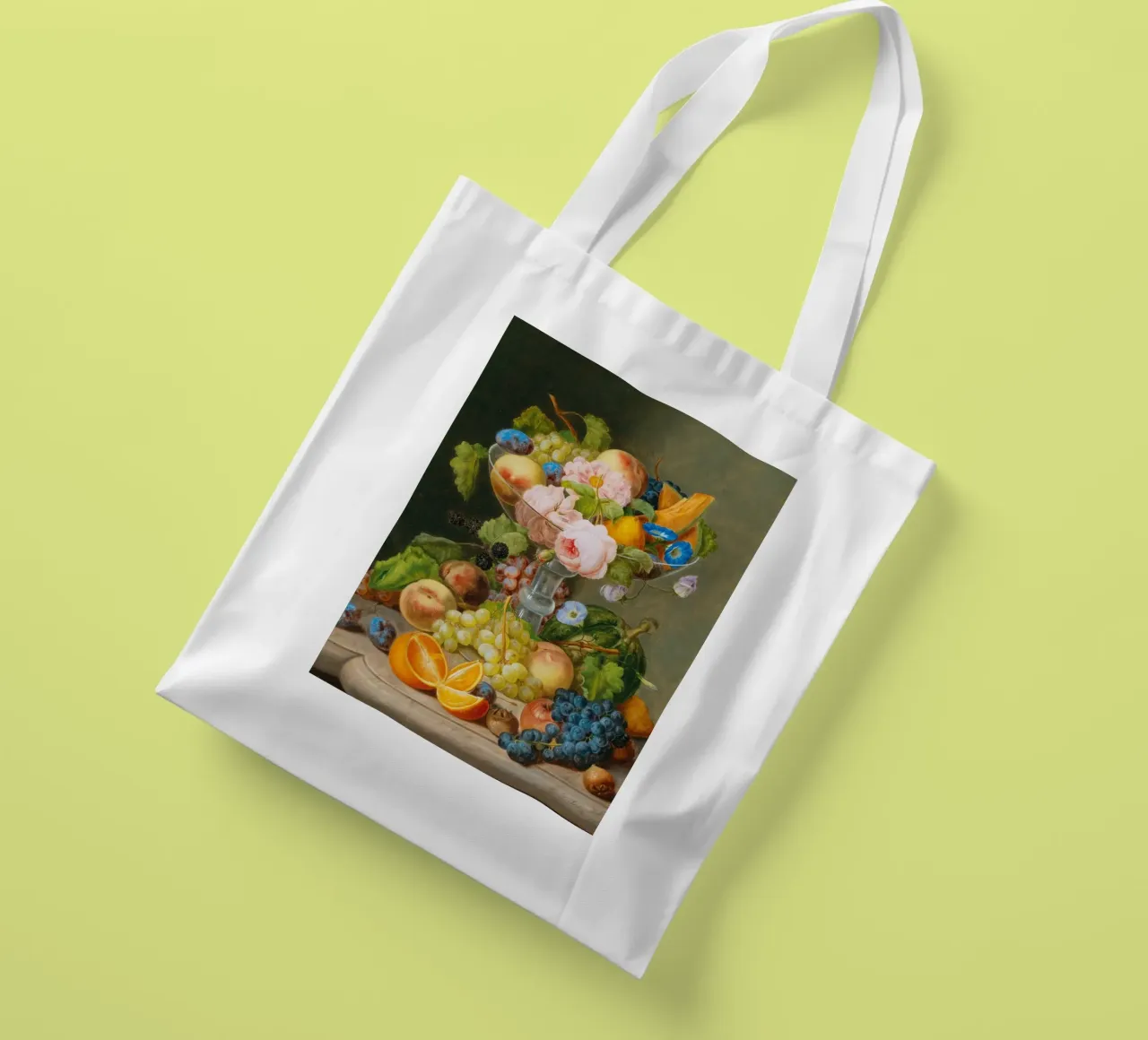 Natura morta vittoriana con cornucopia di frutta e fiori borsa in juta da ClubArt