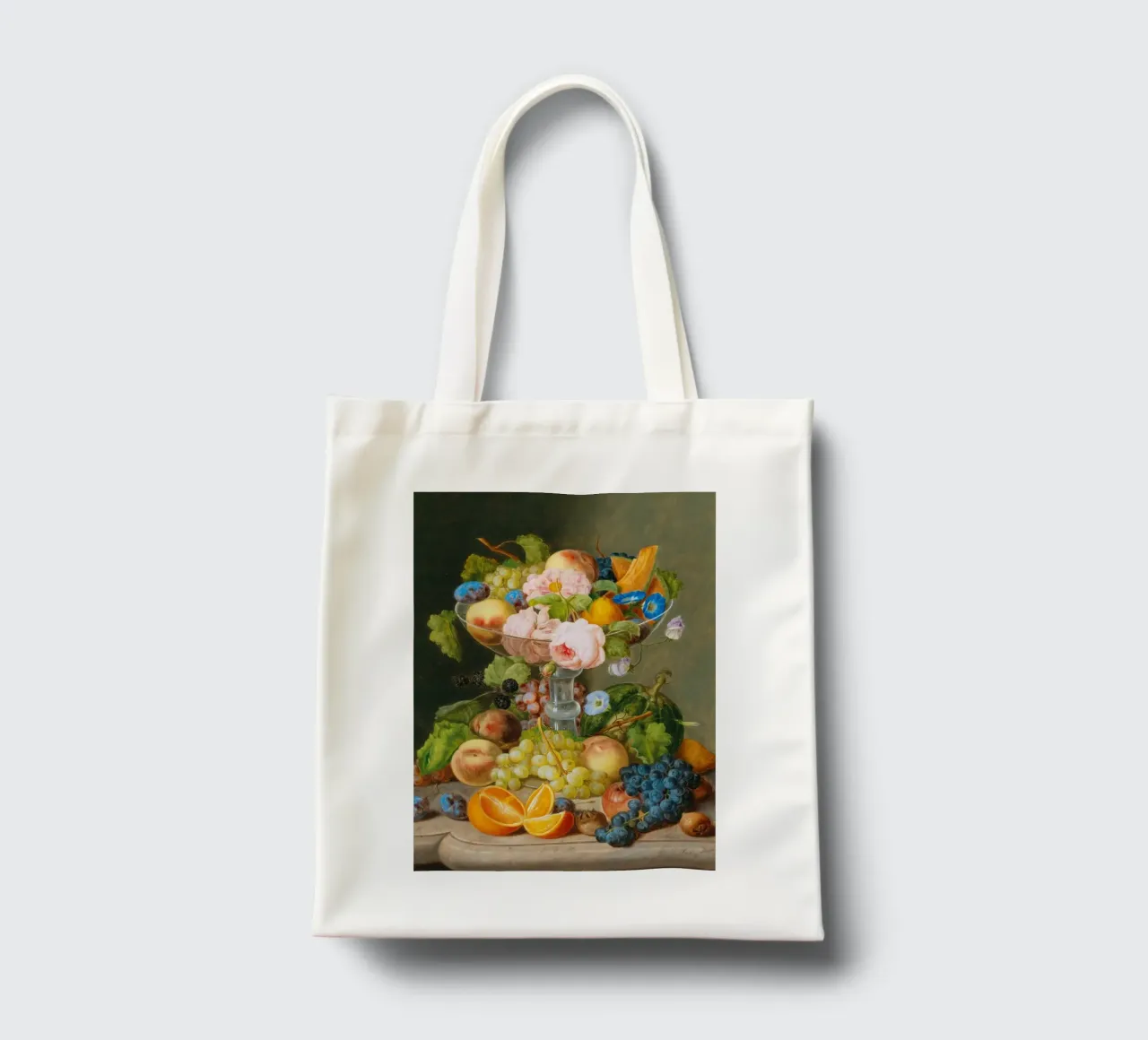 Natura morta vittoriana con cornucopia di frutta e fiori borsa in juta da ClubArt