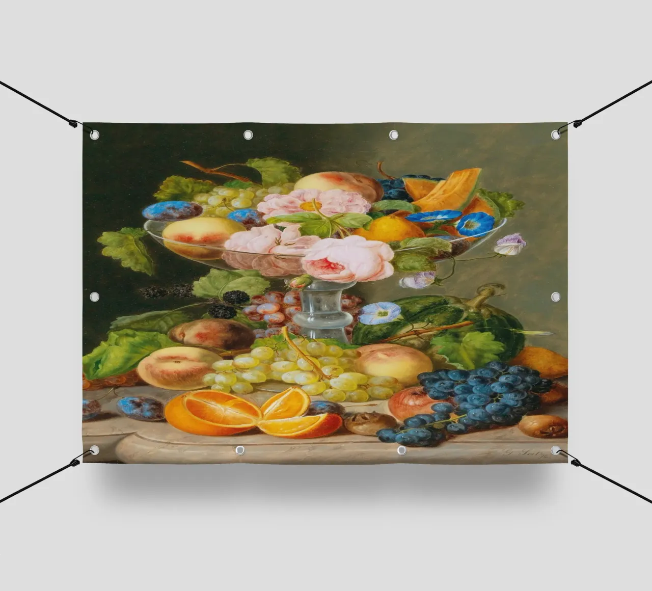 Natura morta vittoriana con cornucopia di frutta e fiori telo in pvc da ClubArt