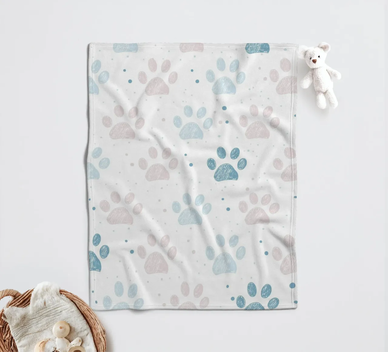 Pink and blue paw prints seamless fabric design pattern fleece blanket by gulsengunel