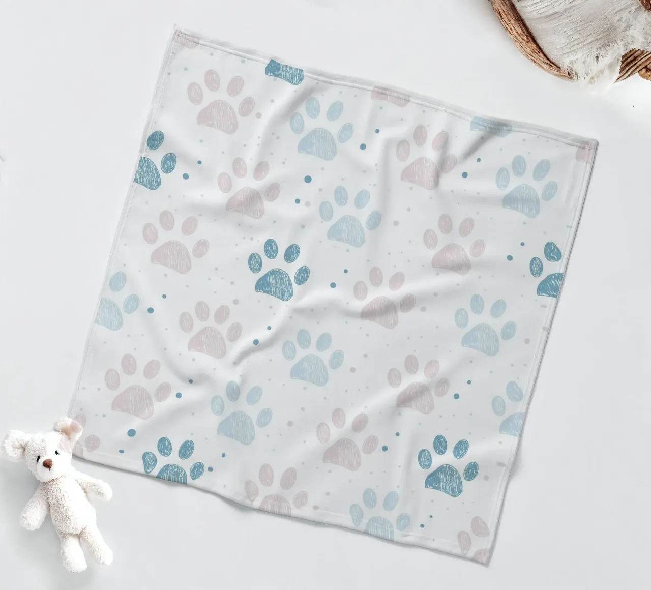 Pink and blue paw prints seamless fabric design pattern fleece blanket by gulsengunel