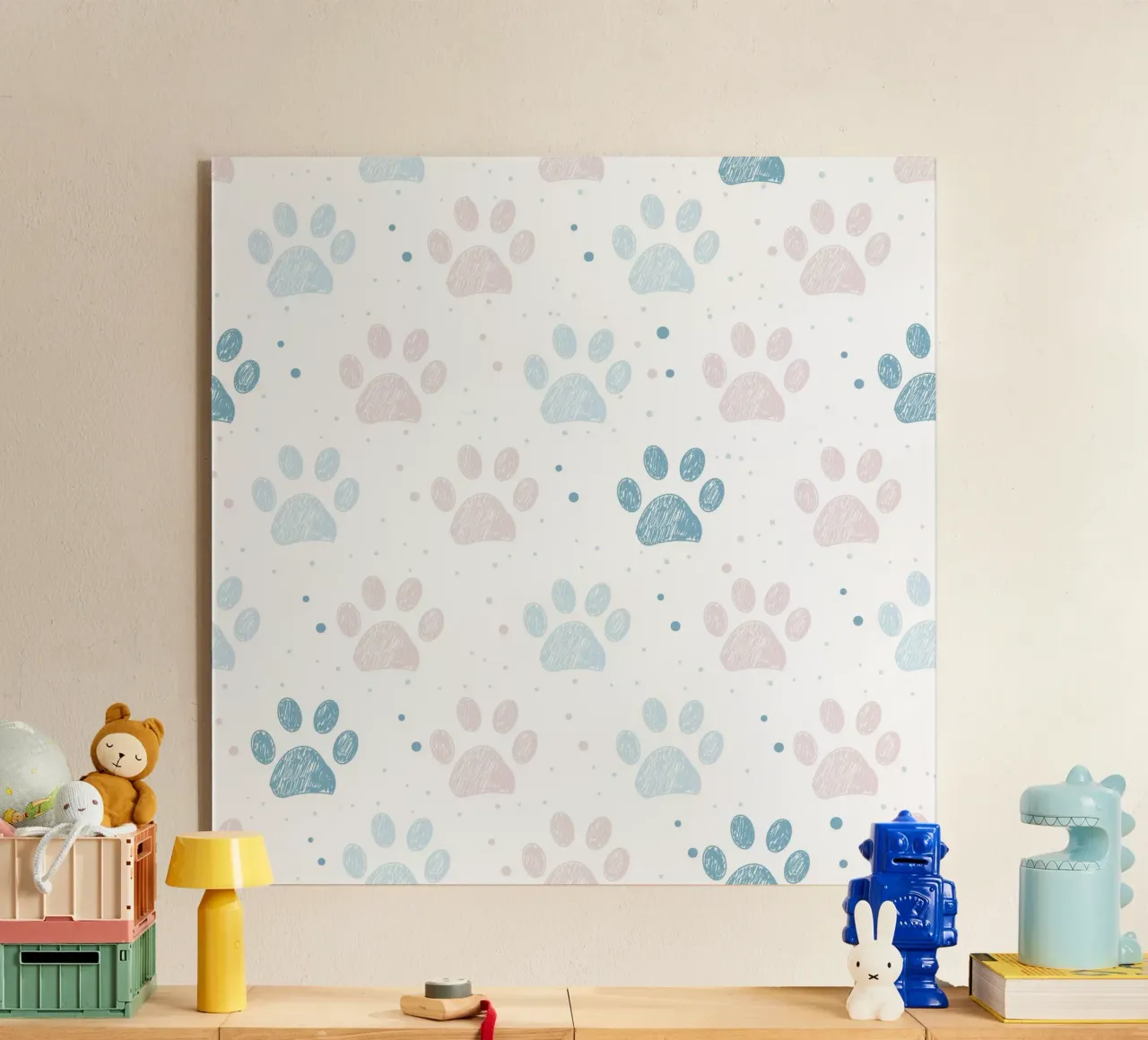 Pink and blue paw prints seamless fabric design pattern acrylic glass by gulsengunel