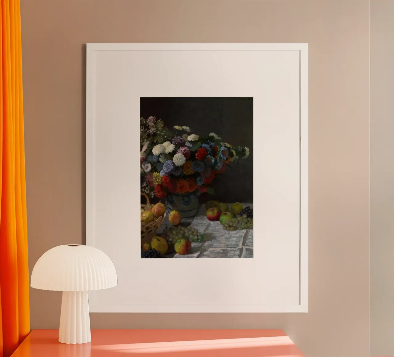 Monet's Chrysanthemen & Obst Stillleben Impressionistische Kunst Poster mit Holzrahmen von ClubArt