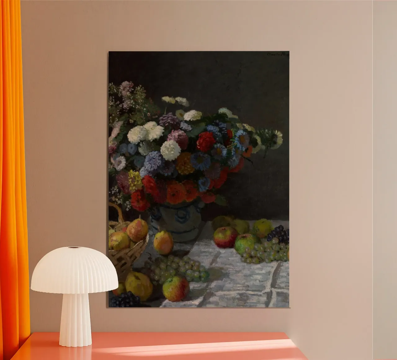 Monet's Chrysanthemen & Obst Stillleben Impressionistische Kunst Poster mit Holzrahmen von ClubArt