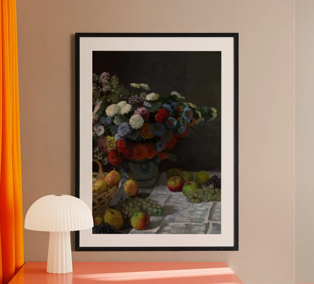 Monet's Chrysanthemen & Obst Stillleben Impressionistische Kunst Poster mit Holzrahmen von ClubArt