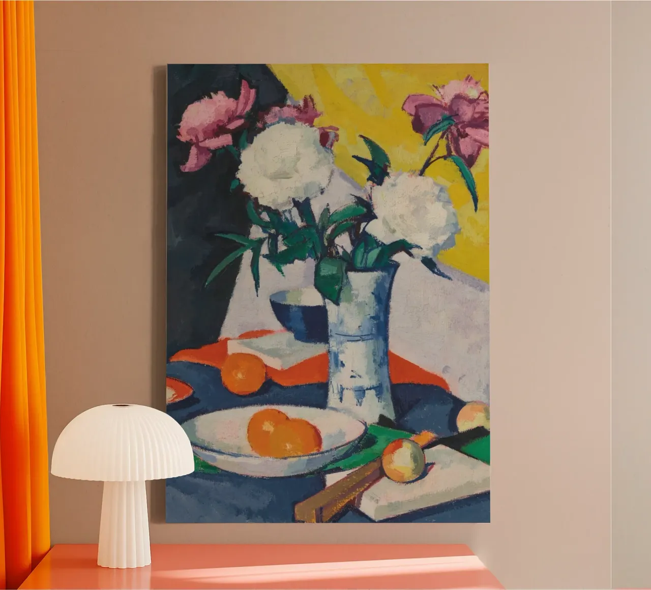 Expressionist Peonies & Oranges Still Life - Bold Art canvas with Floater frame by ClubArt