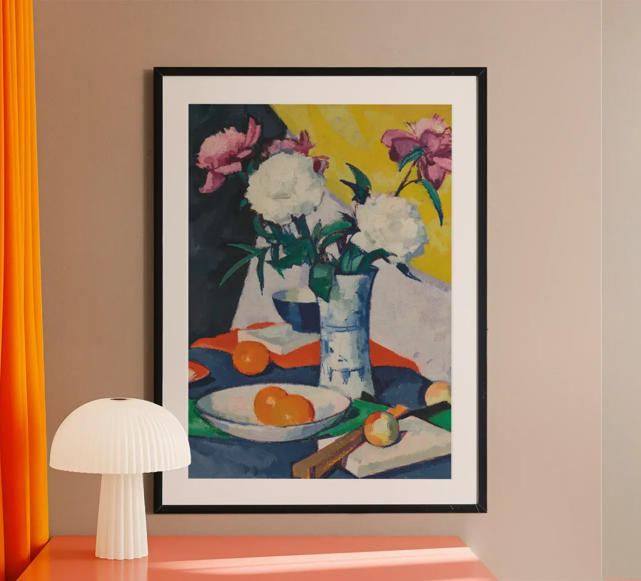 Natura morta espressionista di peonie e arance - Bold Art poster con telaio in alluminio da ClubArt