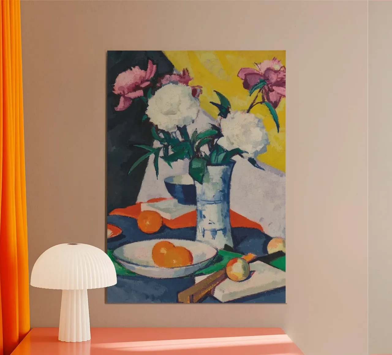 Natura morta espressionista di peonie e arance - Bold Art poster con telaio in alluminio da ClubArt