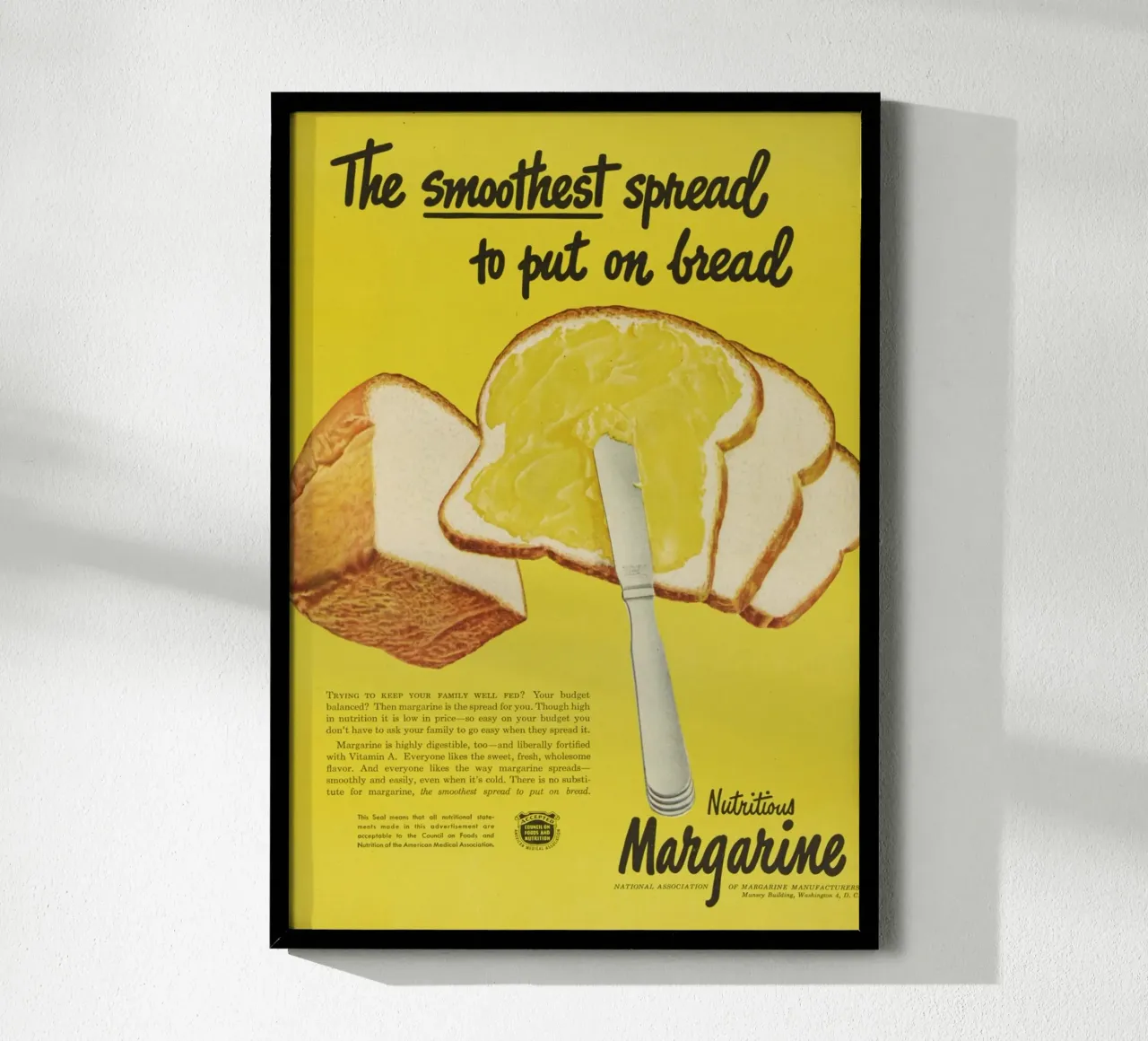 Pubblicità d'epoca della margarina - Stampa da cucina "Smooth Spread poster con telaio in legno da ClubArt