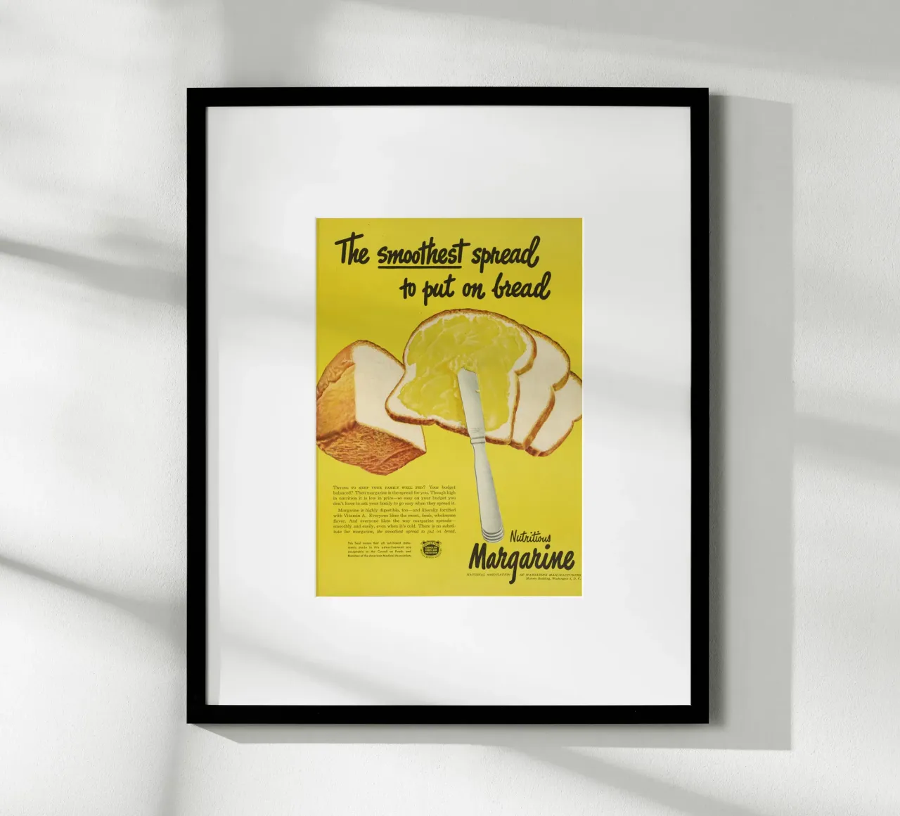 Pubblicità d'epoca della margarina - Stampa da cucina "Smooth Spread poster con telaio in legno da ClubArt