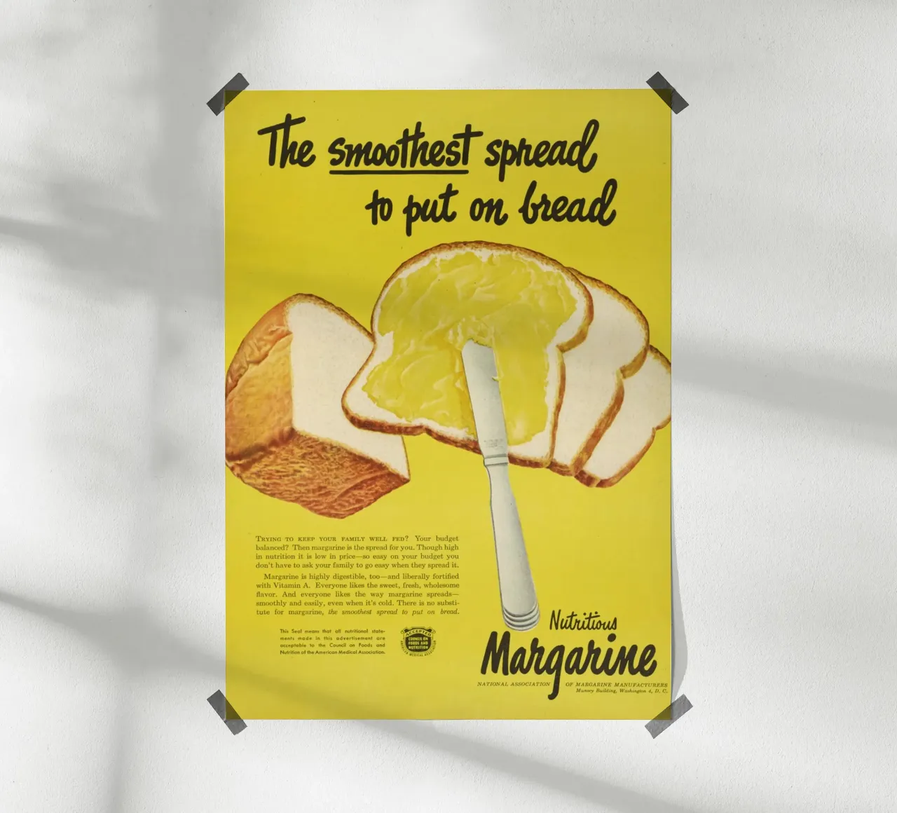 Pubblicità d'epoca della margarina - Stampa da cucina "Smooth Spread poster con telaio in legno da ClubArt