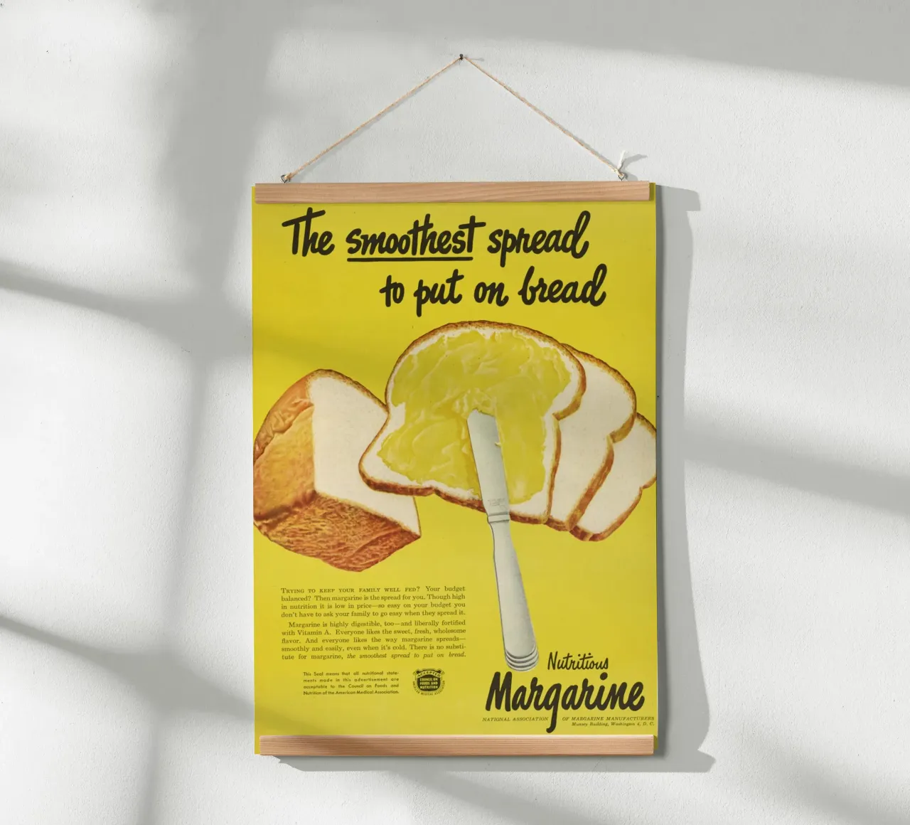 Pubblicità d'epoca della margarina - Stampa da cucina "Smooth Spread poster con telaio in legno da ClubArt