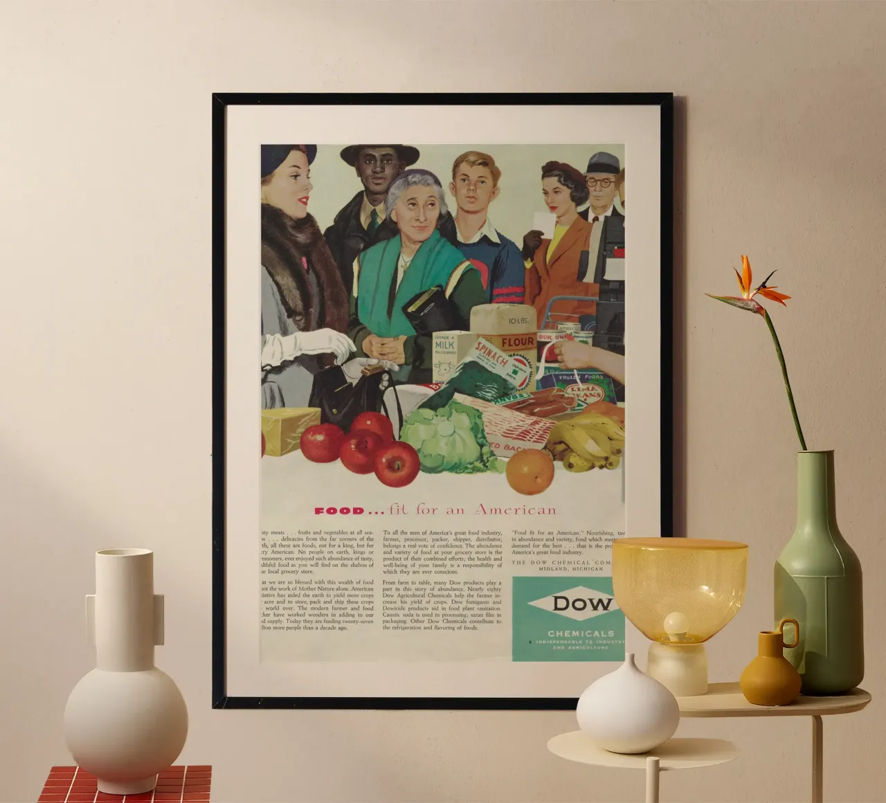 Pubblicità vintage di Dow Chemical "Cibo per un americano poster con telaio in plastica da ClubArt