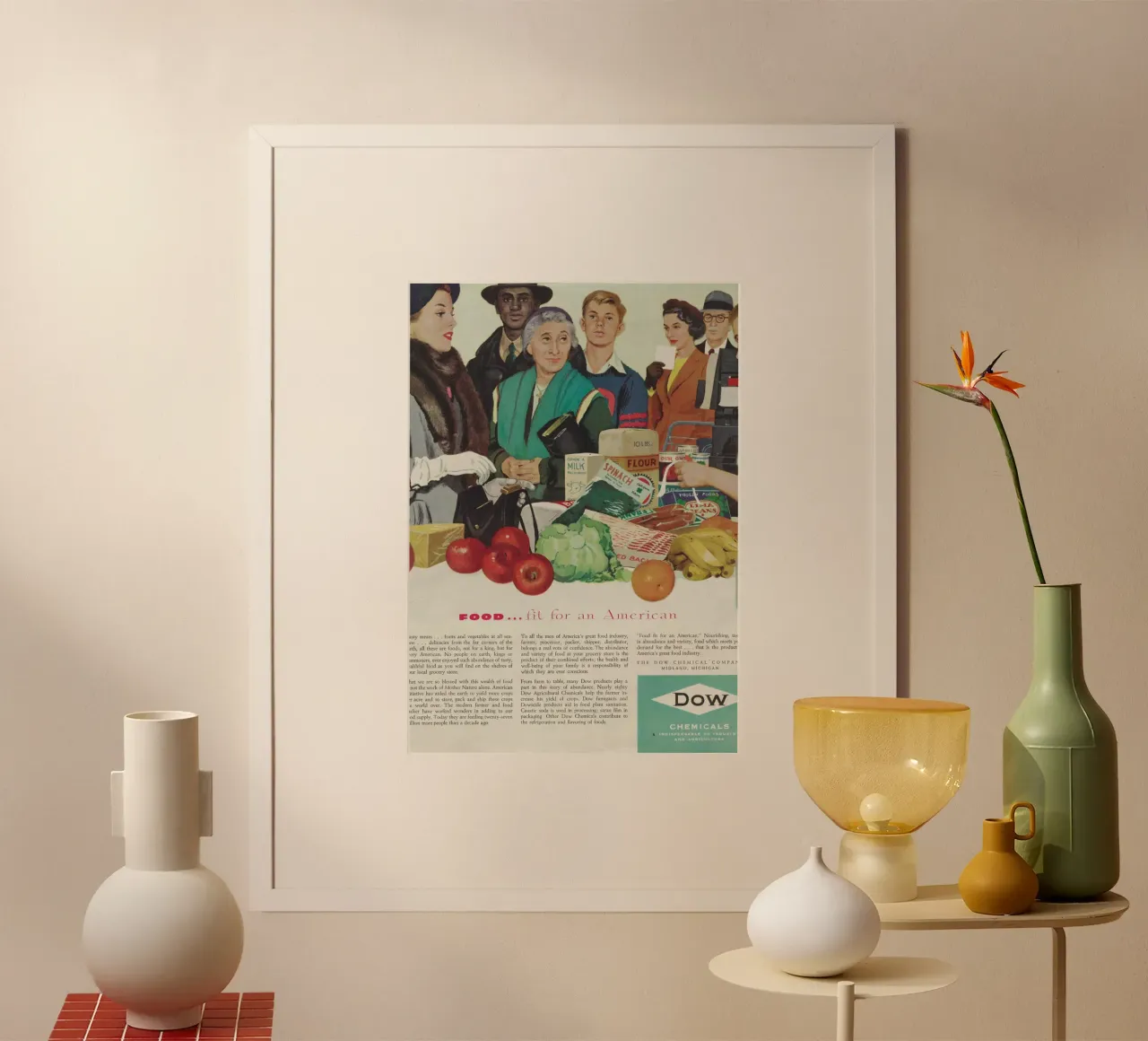 Pubblicità vintage di Dow Chemical "Cibo per un americano poster con telaio in plastica da ClubArt