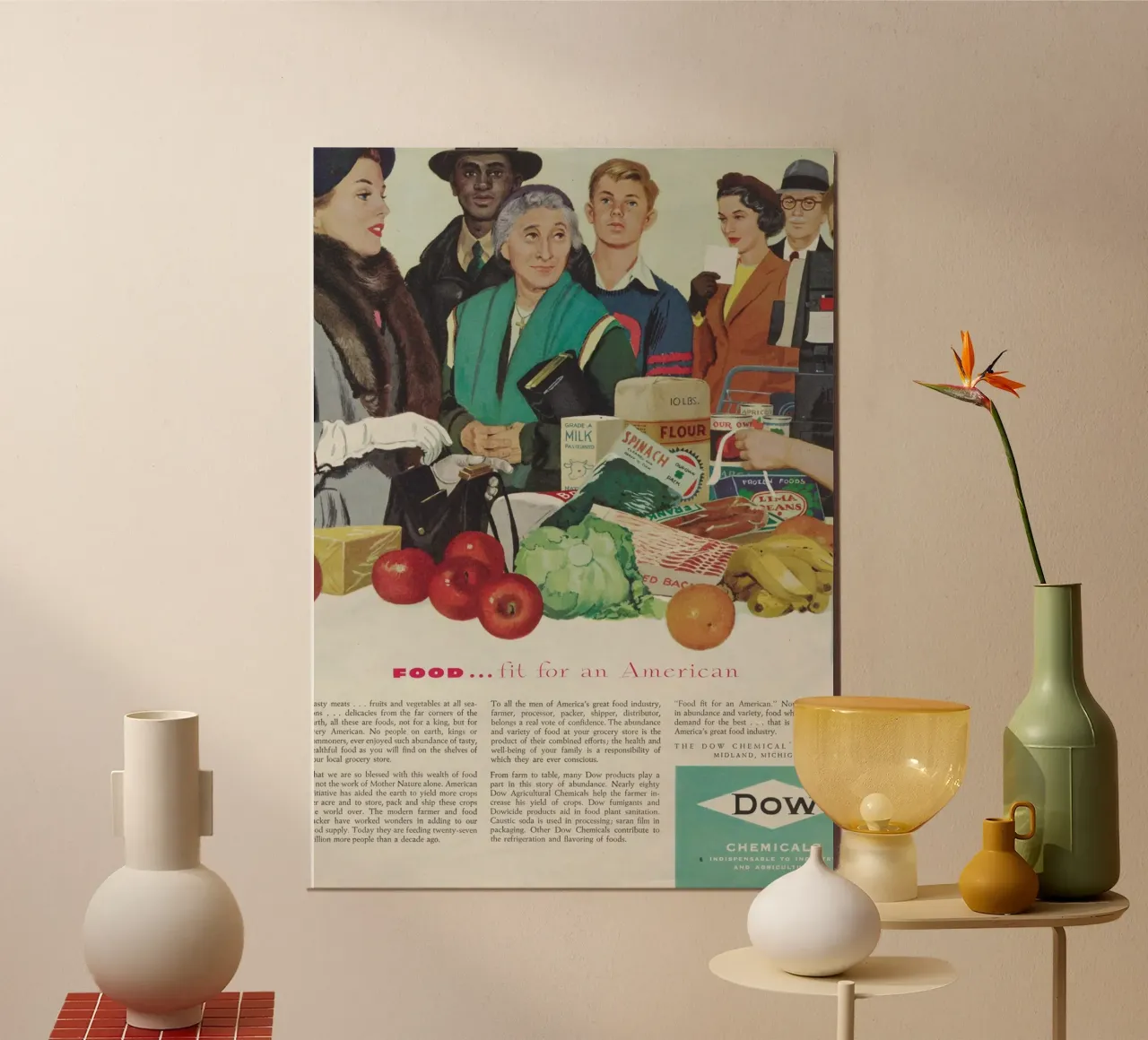Pubblicità vintage di Dow Chemical "Cibo per un americano poster con telaio in plastica da ClubArt