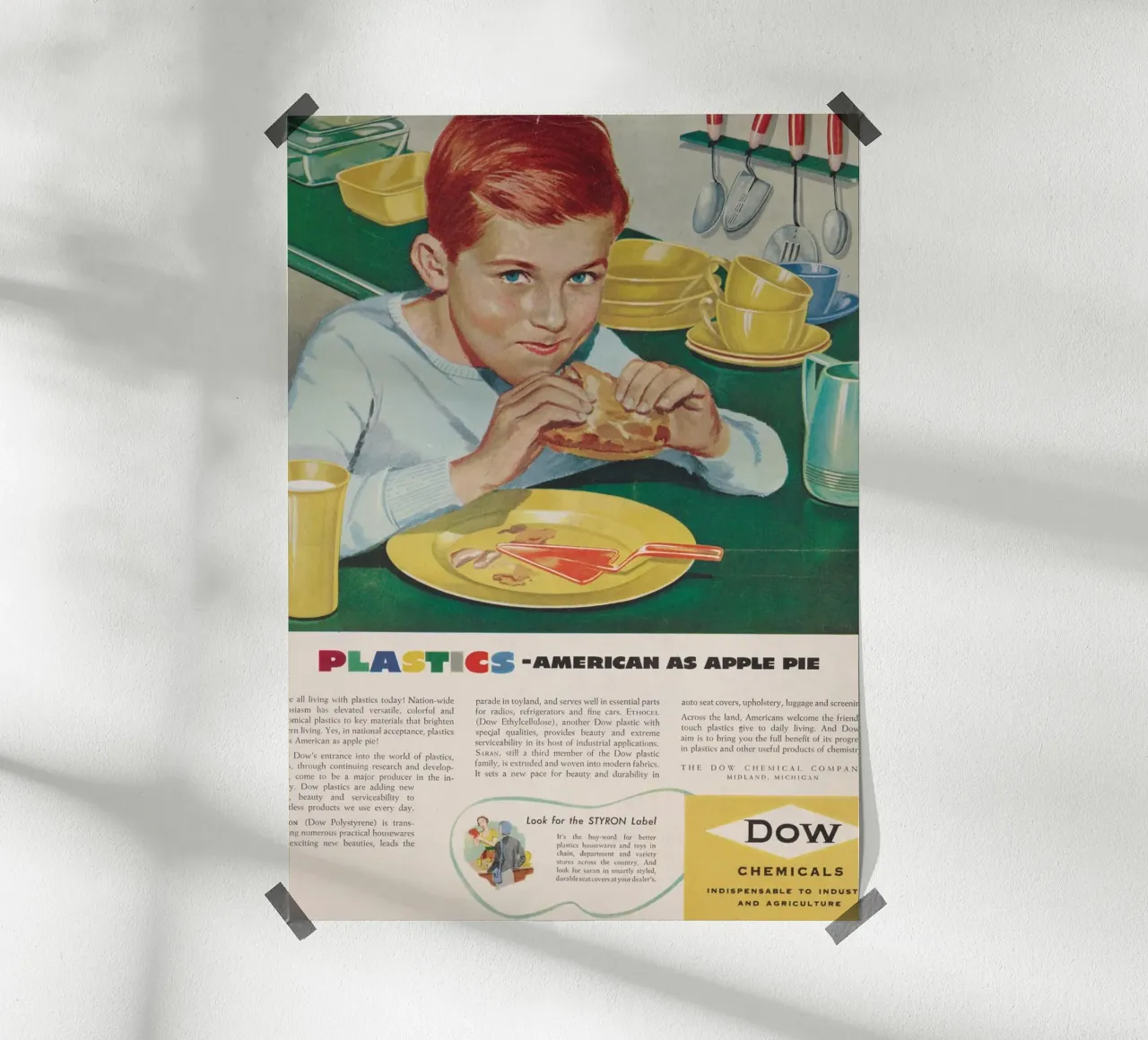 Pubblicità d'epoca di Dow Plastics - "Americano come una torta di mele poster da ClubArt