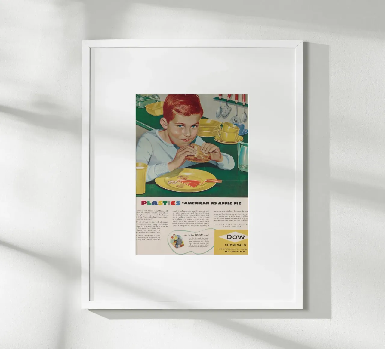 Pubblicità d'epoca di Dow Plastics - "Americano come una torta di mele poster da ClubArt