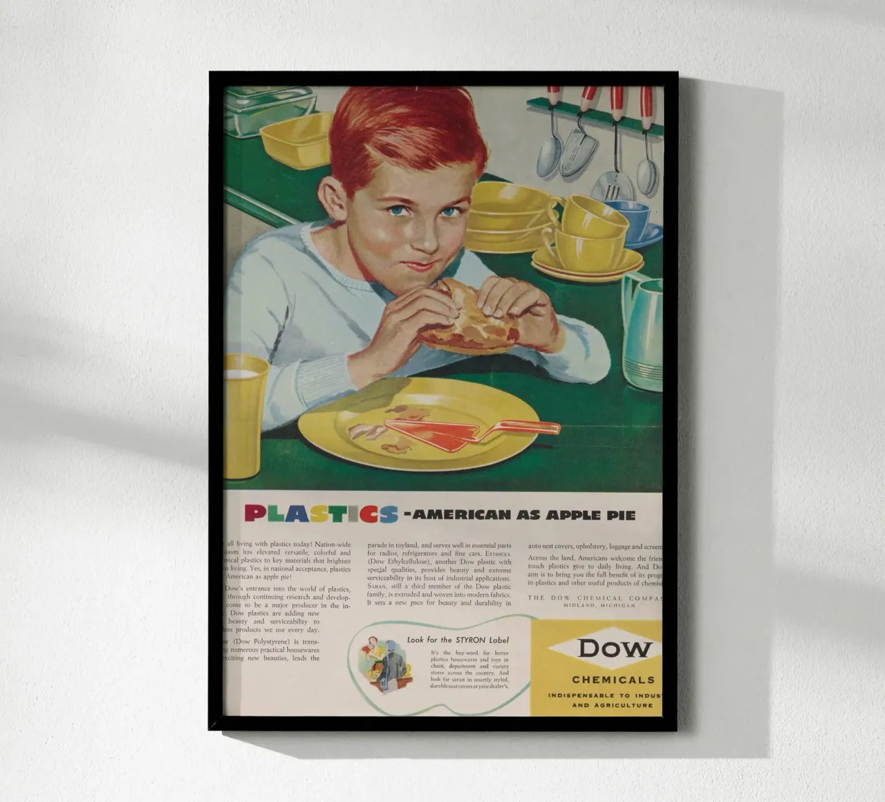 Pubblicità d'epoca di Dow Plastics - "Americano come una torta di mele poster da ClubArt