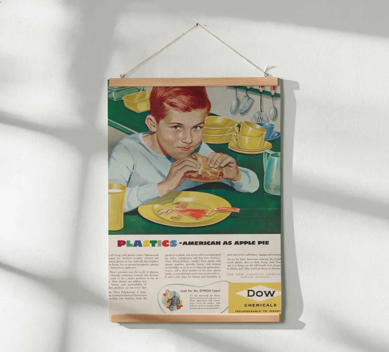 Pubblicità d'epoca di Dow Plastics - "Americano come una torta di mele poster da ClubArt