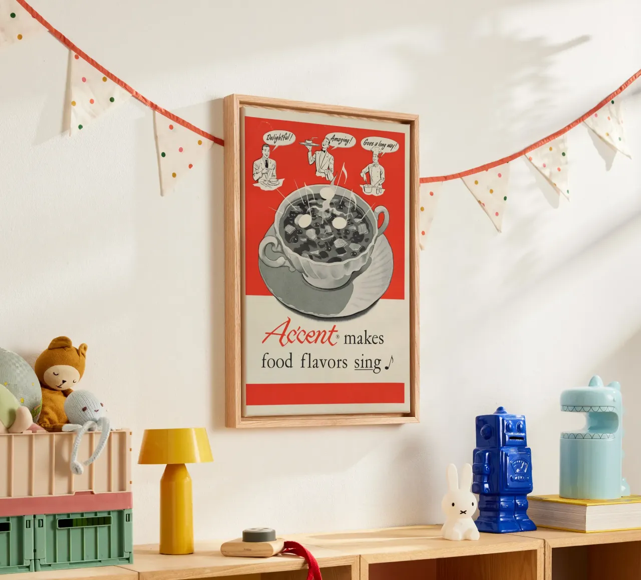 Pubblicità vintage di Ac'cent - "I sapori del cibo cantano" Arte da cucina tela con Cornice a cassetta da ClubArt