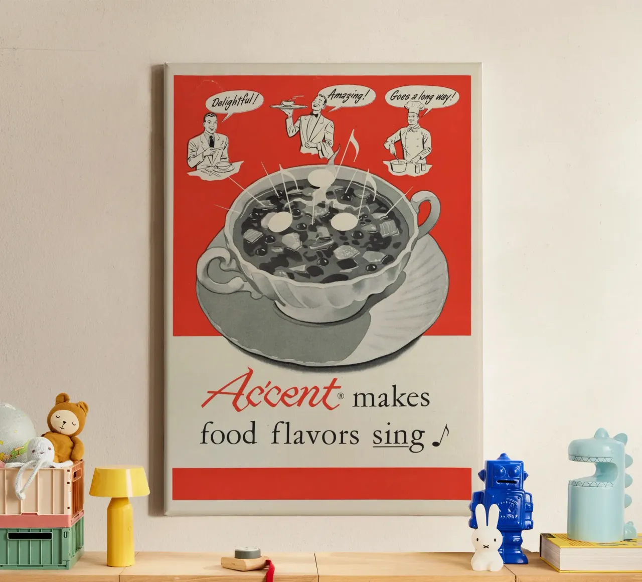 Pubblicità vintage di Ac'cent - "I sapori del cibo cantano" Arte da cucina tela con Cornice a cassetta da ClubArt