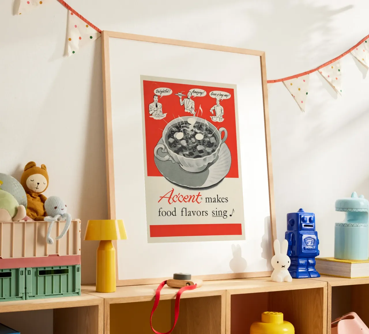 Pubblicità vintage di Ac'cent - "I sapori del cibo cantano" Arte da cucina poster con telaio in plastica da ClubArt