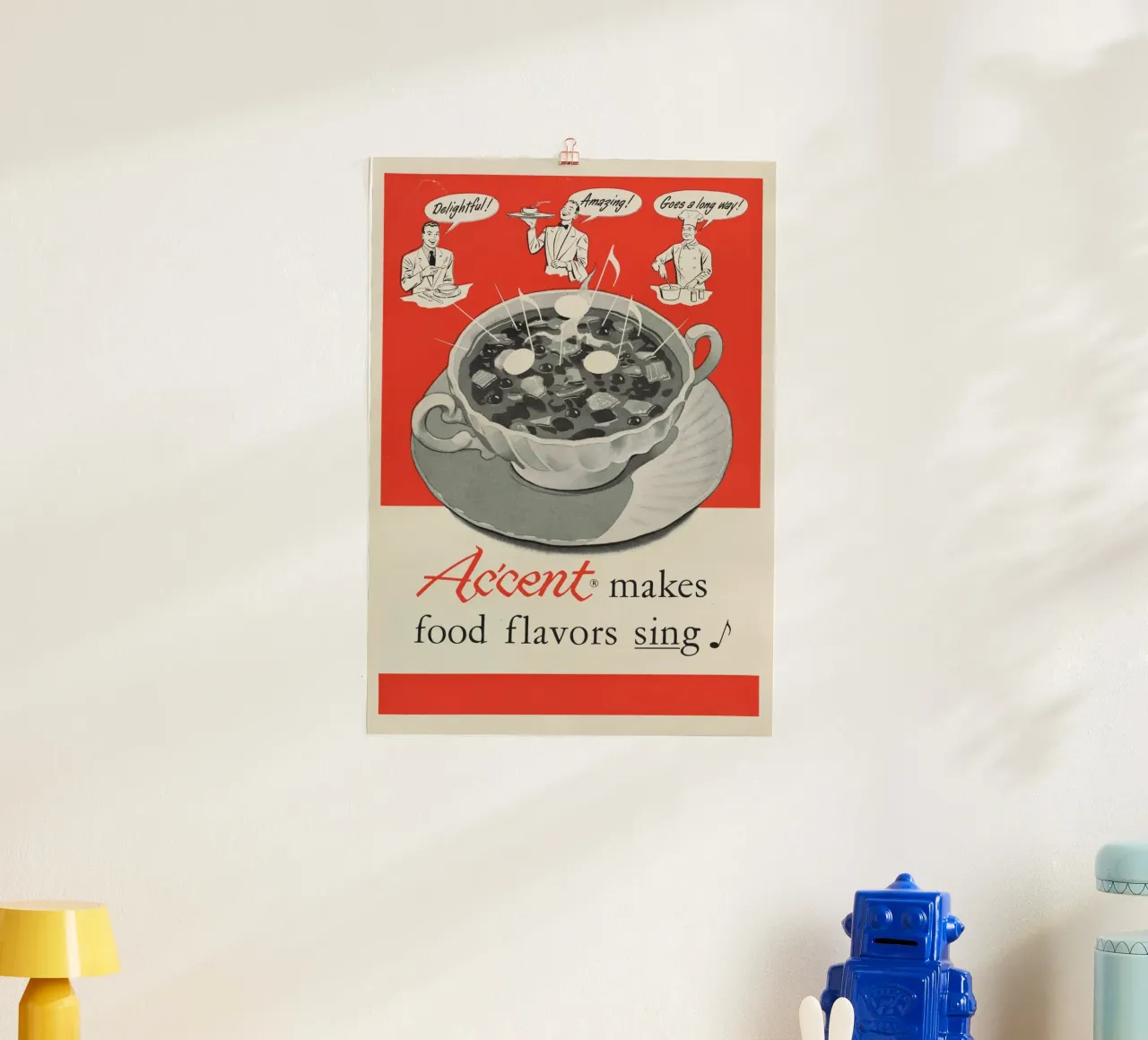 Pubblicità vintage di Ac'cent - "I sapori del cibo cantano" Arte da cucina poster con telaio in plastica da ClubArt