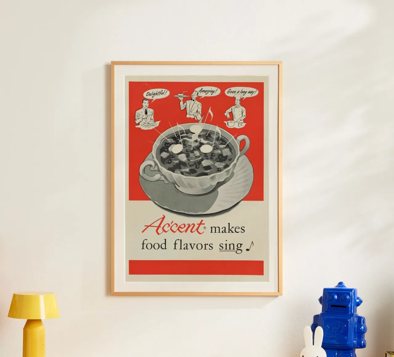 Pubblicità vintage di Ac'cent - "I sapori del cibo cantano" Arte da cucina poster con telaio in plastica da ClubArt