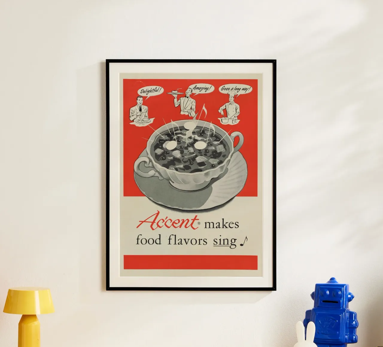 Pubblicità vintage di Ac'cent - "I sapori del cibo cantano" Arte da cucina poster con telaio in plastica da ClubArt