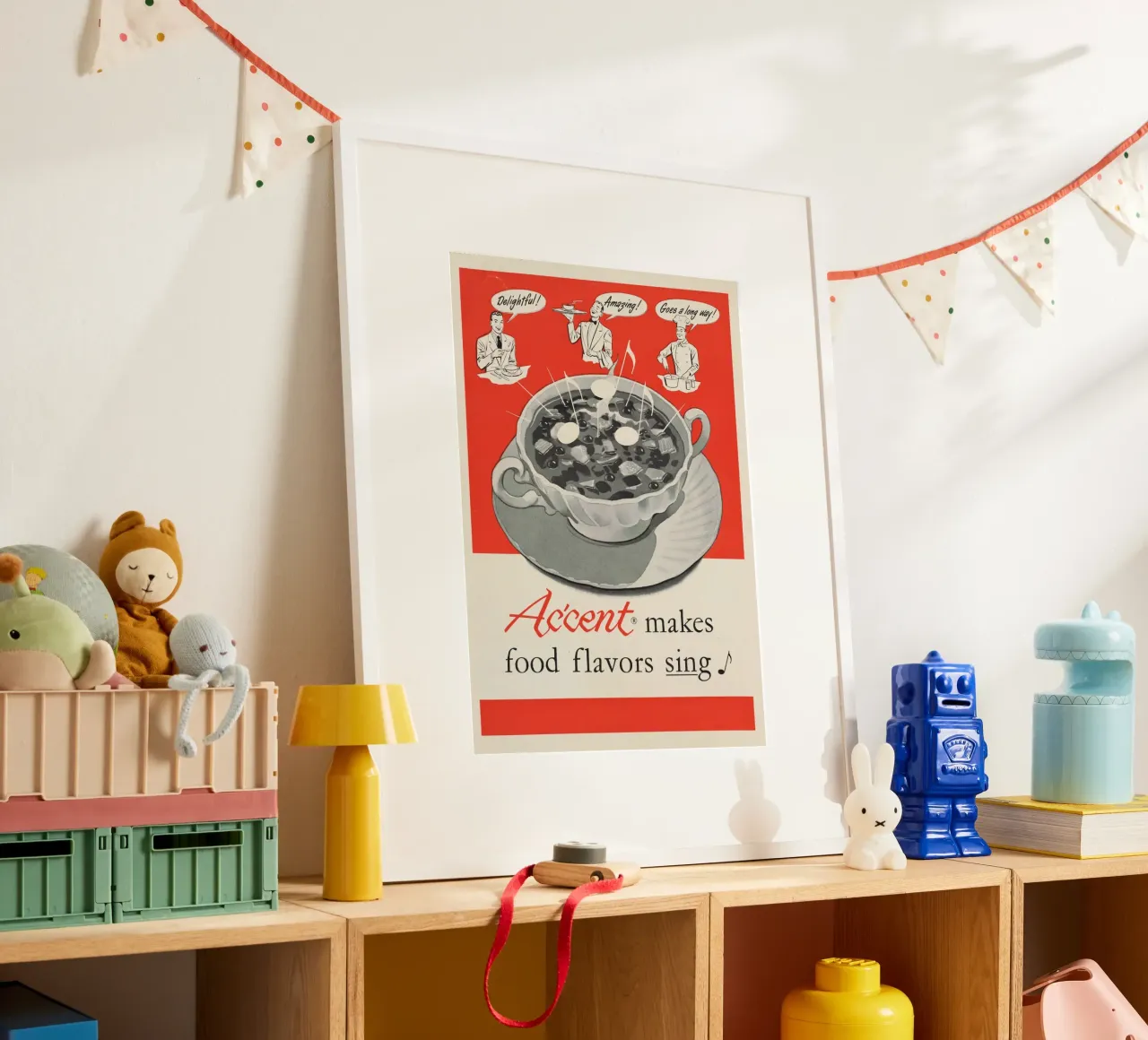 Pubblicità vintage di Ac'cent - "I sapori del cibo cantano" Arte da cucina poster con telaio in plastica da ClubArt