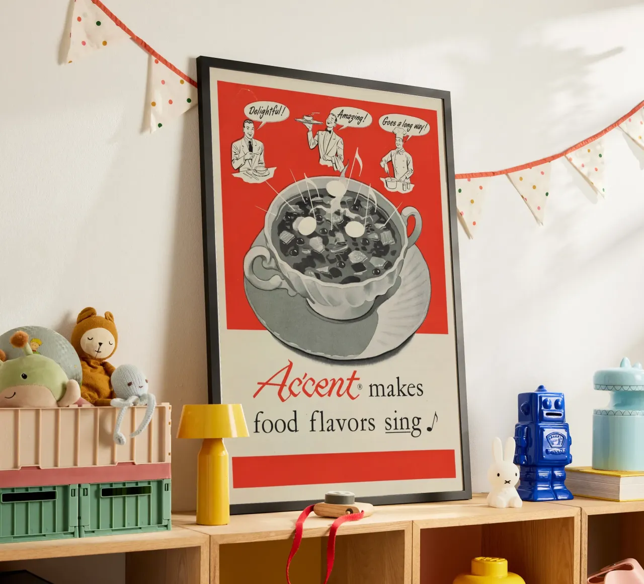 Pubblicità vintage di Ac'cent - "I sapori del cibo cantano" Arte da cucina poster con telaio in plastica da ClubArt
