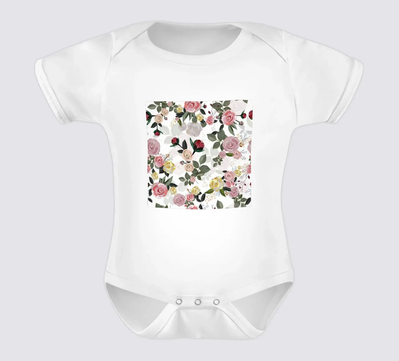 Peony and roses white background short-sleeve baby romper by gulsengunel