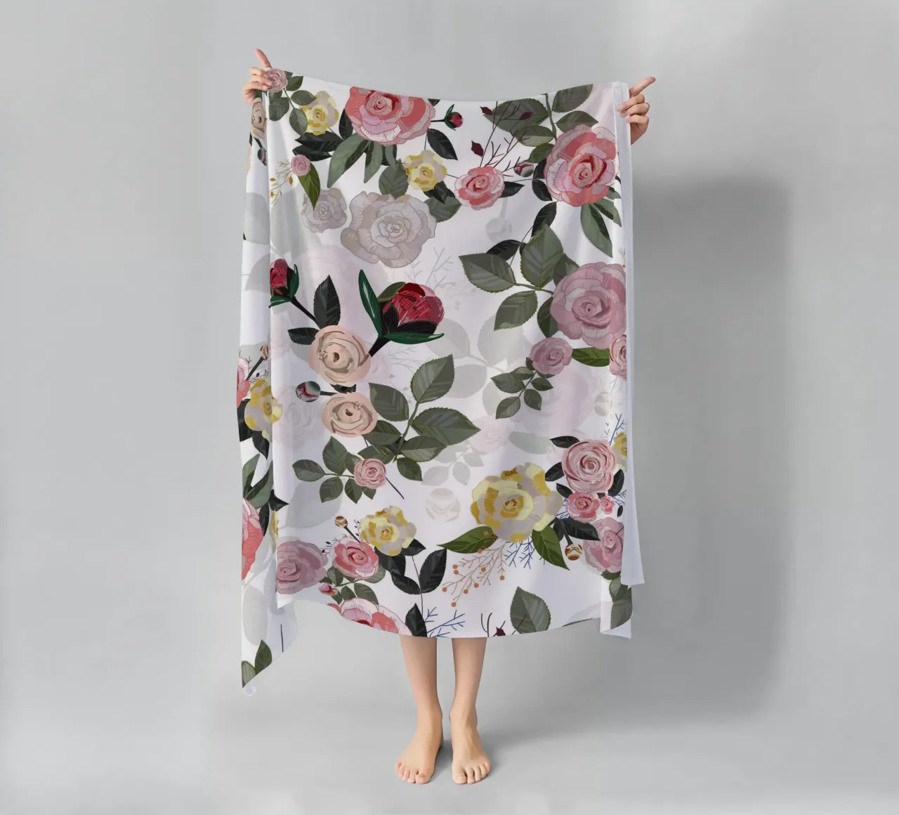 Peony and roses white background beach towel by gulsengunel