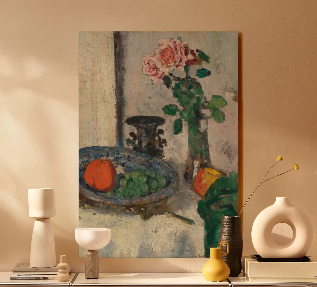 Postimpressionistisches Stillleben - Rose & Obst Kunst Alu-Dibond von ClubArt