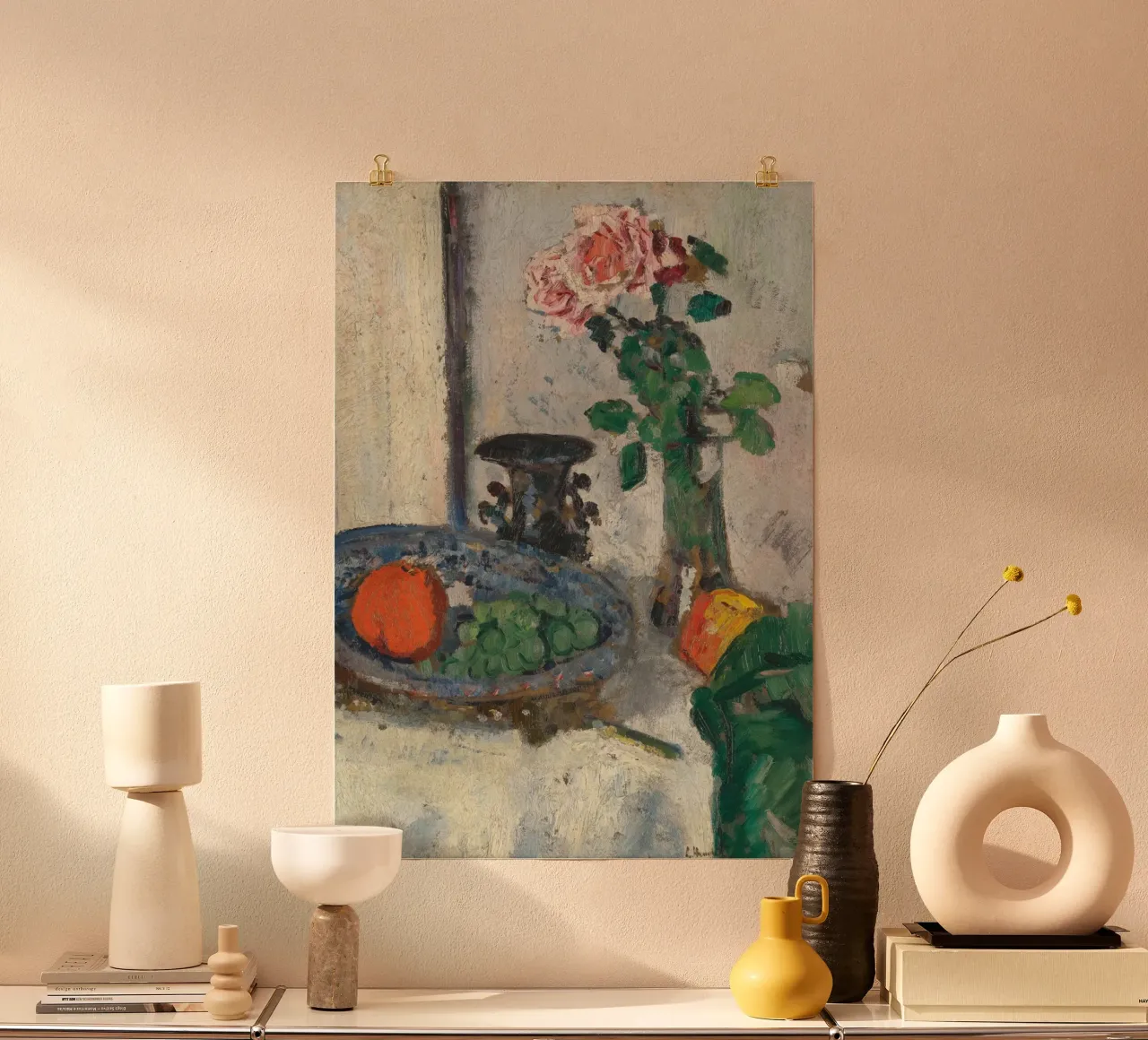 Postimpressionistisches Stillleben - Rose & Obst Kunst Hahnemühle von ClubArt