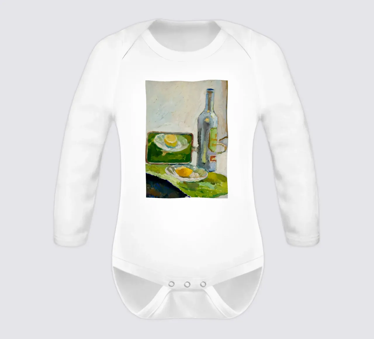 Modernes Stillleben Zitrone & Flasche - Texturierter Kunstdruck Langarm Babybody von ClubArt