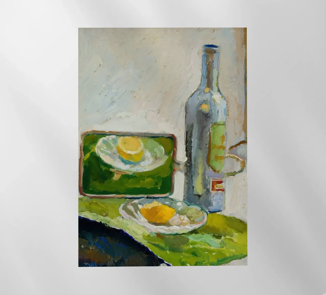 Modernes Stillleben Zitrone & Flasche - Texturierter Kunstdruck Backlit Folie von ClubArt