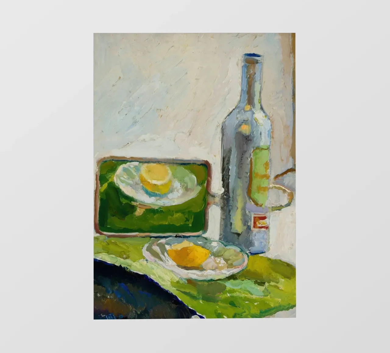 Modernes Stillleben Zitrone & Flasche - Texturierter Kunstdruck Backlit Folie von ClubArt