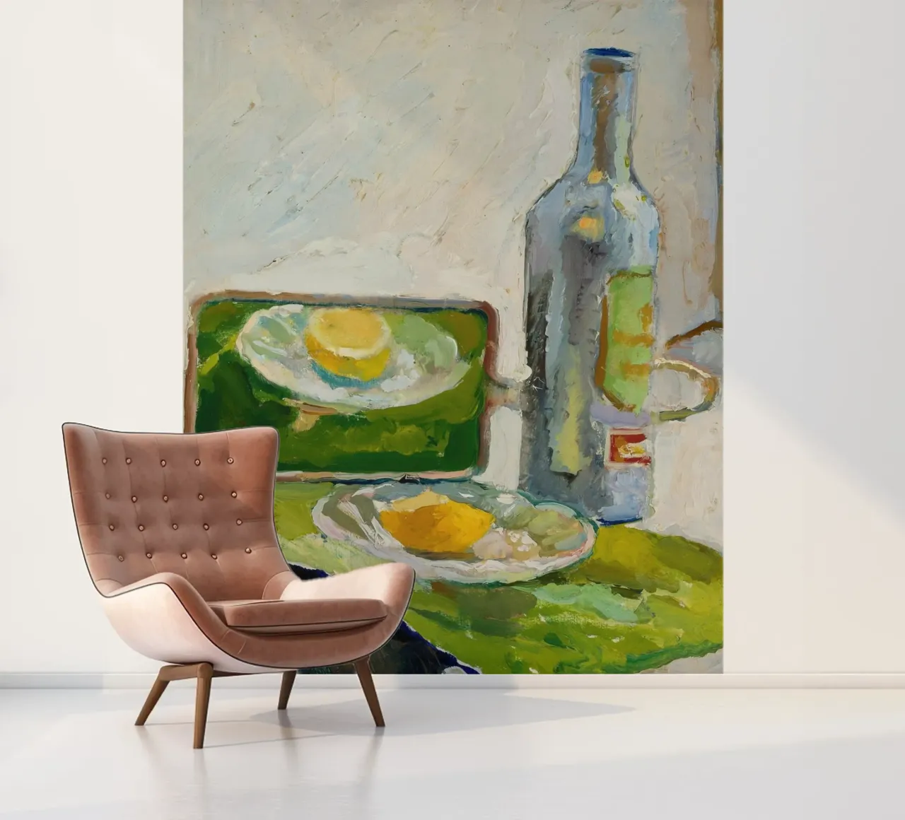 Modernes Stillleben Zitrone & Flasche - Texturierter Kunstdruck Fototapete von ClubArt